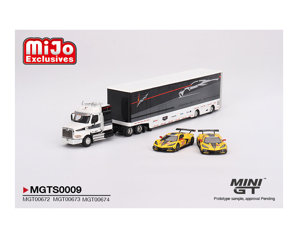 Preorder) Mini GT 1:64 Chevrolet Corvette C8R Racing Cars #3 & #33 Winners with Western Star Transporter – Mijo Exclusives