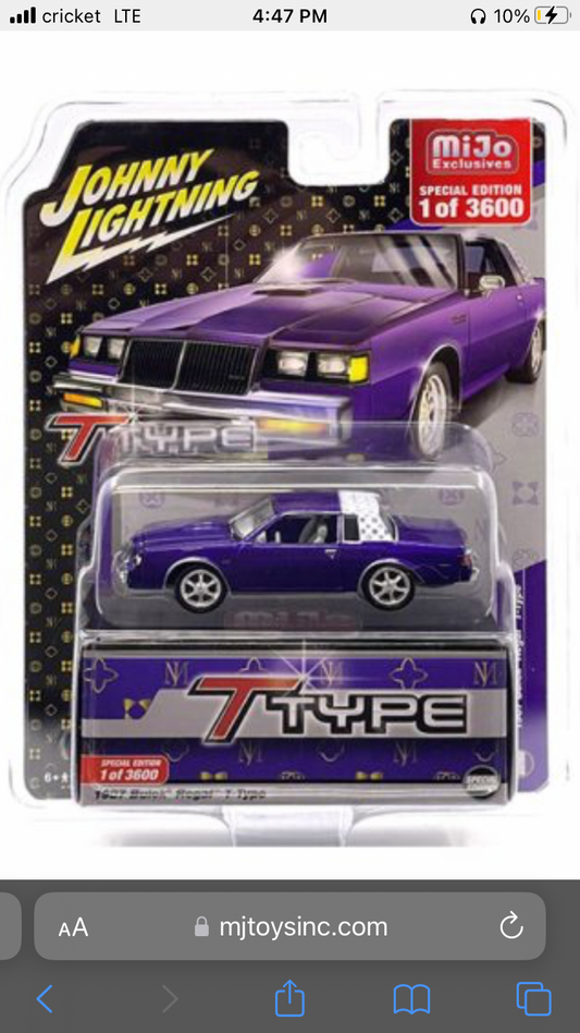 Johnny Lightning 1:64 1987 Buick Regal T-Type Custom – Metallic Purple with White Top – Limited 3,600 Pieces