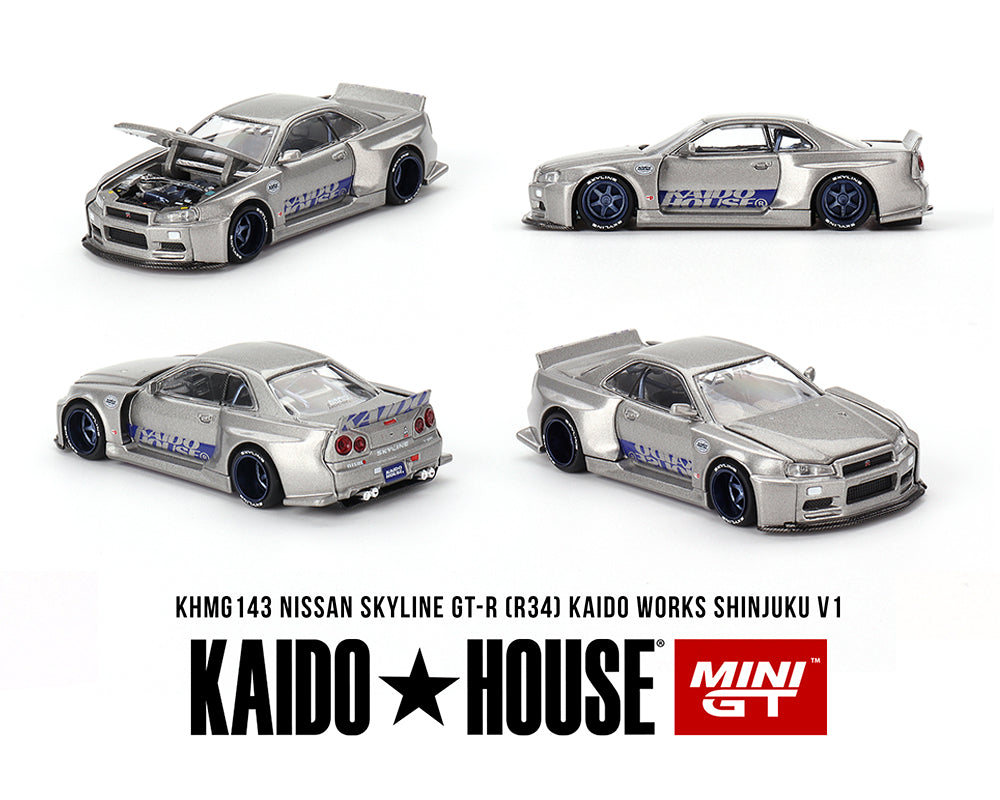 Kaido House x Mini GT 1:64 Nissan Skyline GT-R (R34) Kaido Works SHINJUKU V1 – Silver