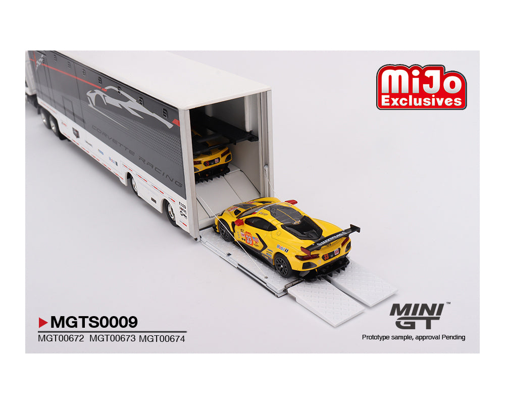 Preorder) Mini GT 1:64 Chevrolet Corvette C8R Racing Cars #3 & #33 Winners with Western Star Transporter – Mijo Exclusives