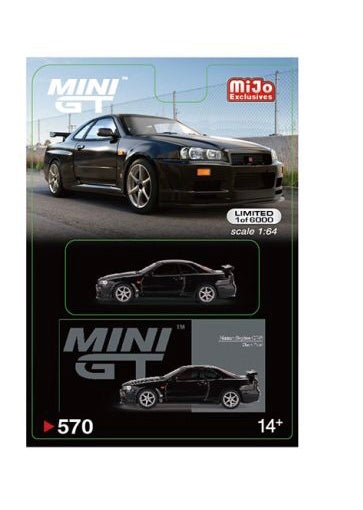 Mini GT 1:64 Nissan Skyline GT-R (R34) V-Spec – Black Pearl – Mijo Exclusives