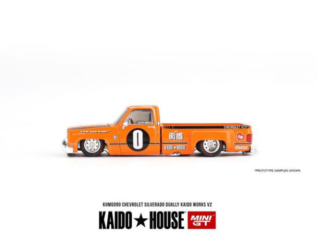 Kaido House x Mini GT 1:64 Chevrolet Silverado Dually KAIDO WORKS V2 – Orange