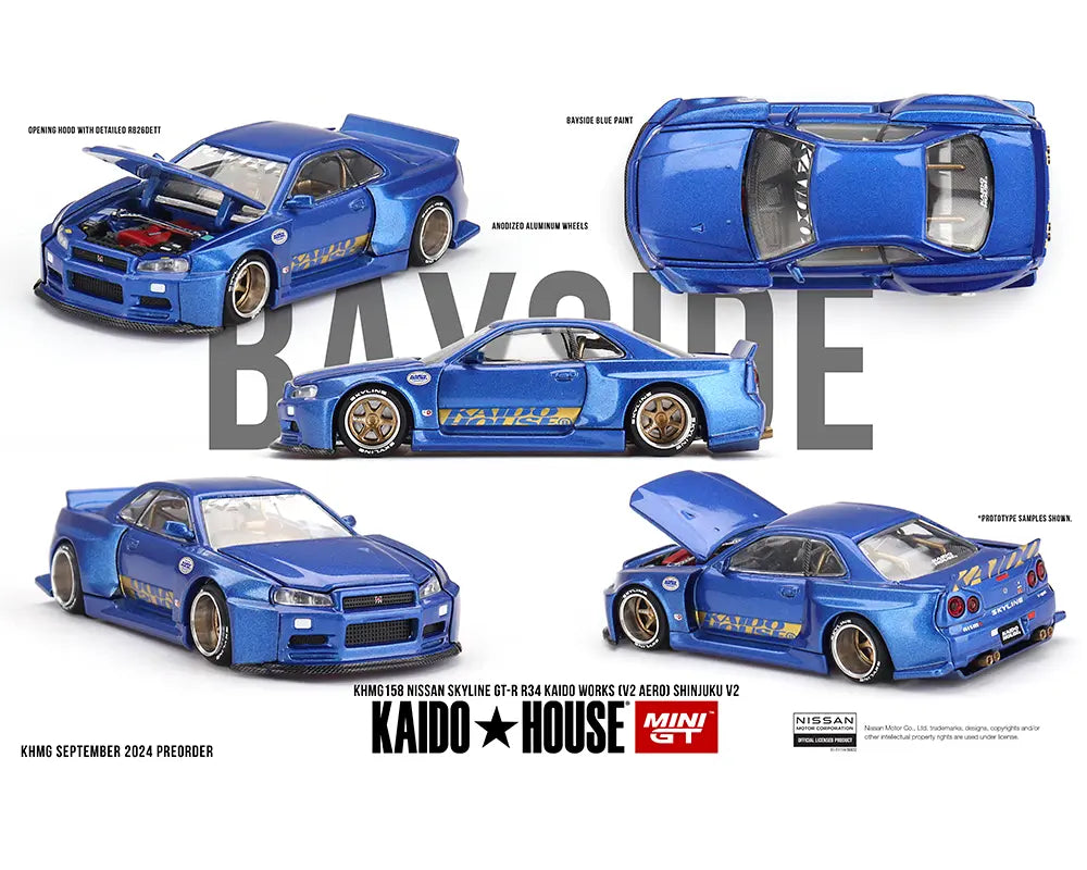 Kaido House x Mini GT 1:64 Nissan Skyline GT-R (R34) Kaido Works (V2 Aero) SHINJUKU V2- Blue