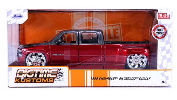 Jada 1:24 1999 Chevrolet Silverado Dually Custom KMC Wheels – Two Tone M Red with Grey – Just Trucks