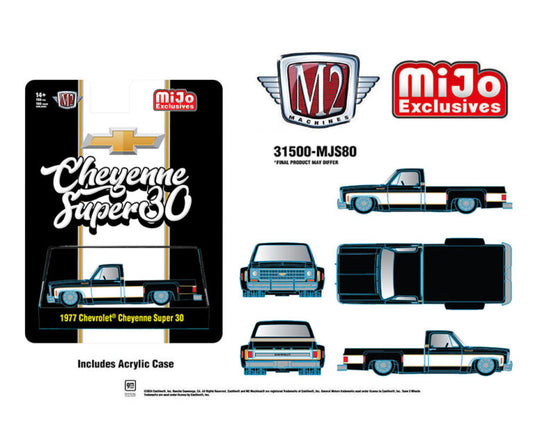 M2 Machines 1:64 1977 Chevrolet Cheyenne Super 30 Pickup Truck – Black and White Two Tone – MiJo Exclusives Limited Edition