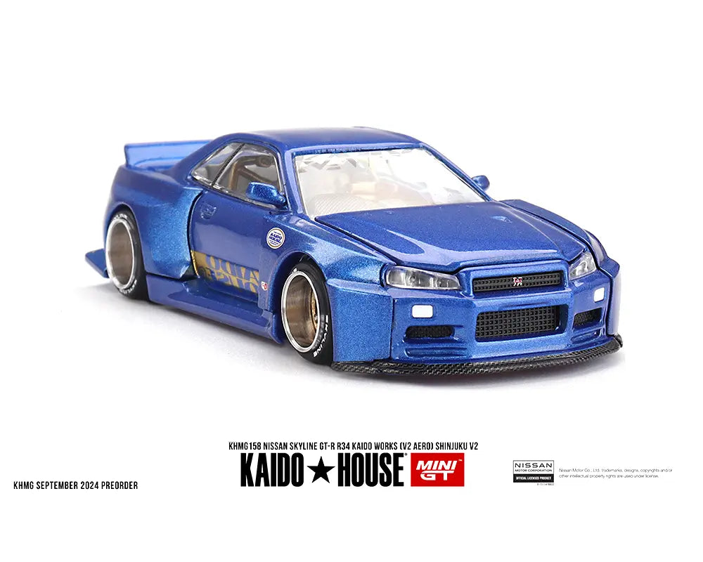 Kaido House x Mini GT 1:64 Nissan Skyline GT-R (R34) Kaido Works (V2 Aero) SHINJUKU V2- Blue