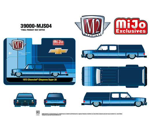 M2 Machines 1:64 1973 Chevrolet Cheyenne Super 30 Dually with Camper Shell – Blue – MiJo Exclusives Limited Edition